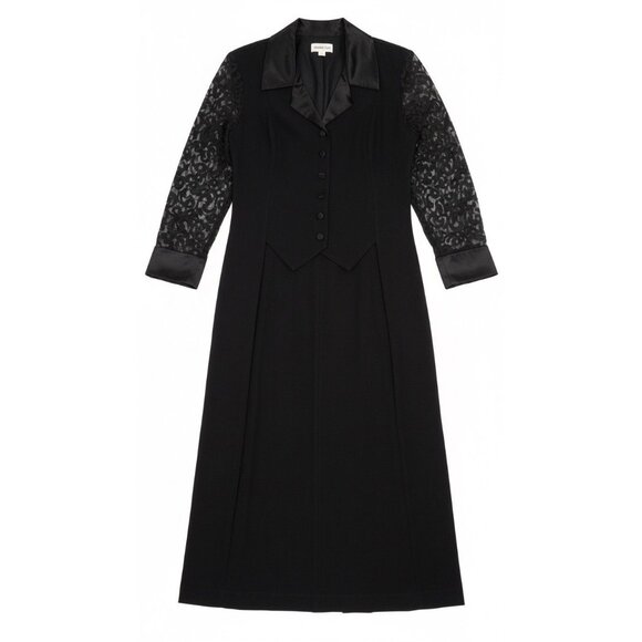 Amanda Lane Vtg Black Button Down Tailcoat Style Blouse w Silk Trim - Picture 2 of 5